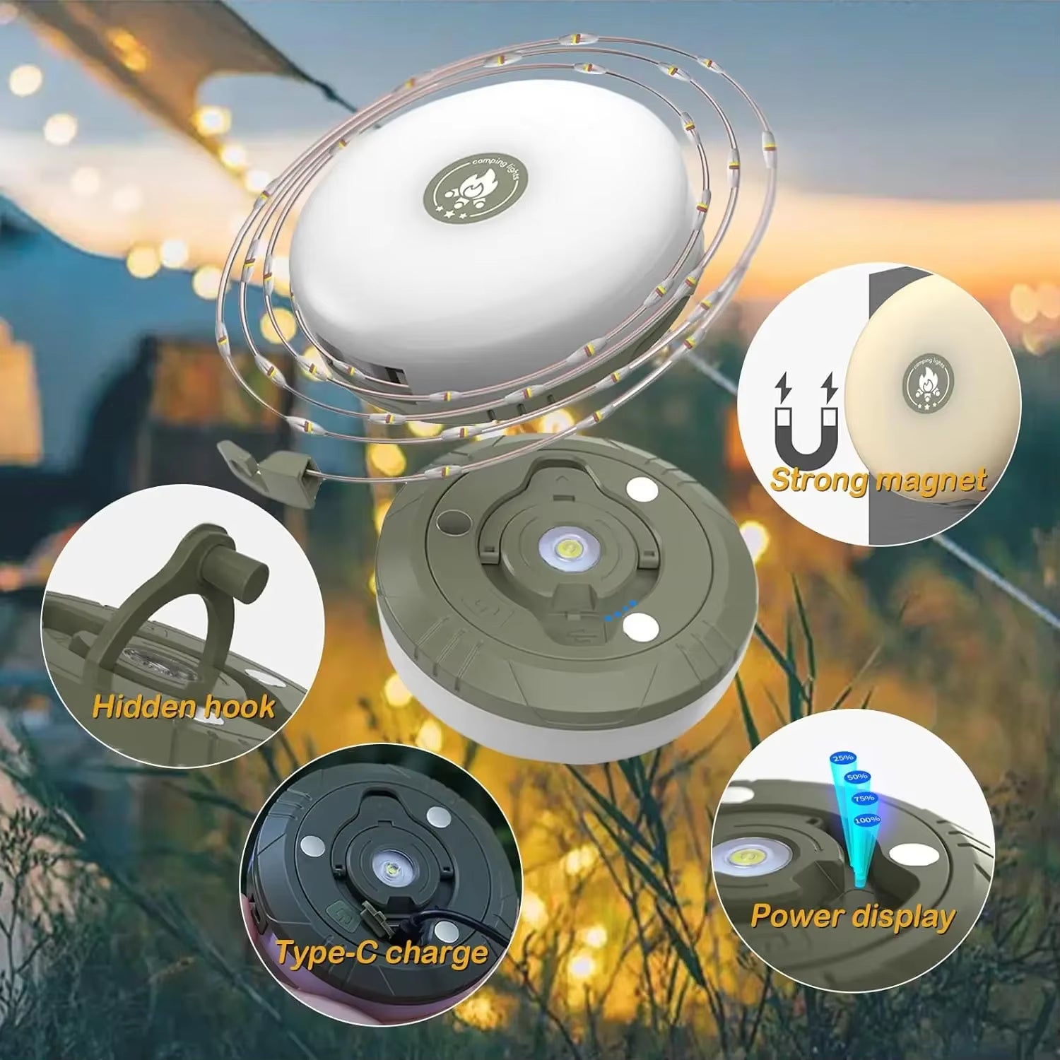 4-In-1 Camping Light LED Reel String Lights Outdoor USB Camping Lamp Recyclable LED Night Light for Garden Tent Room Decor